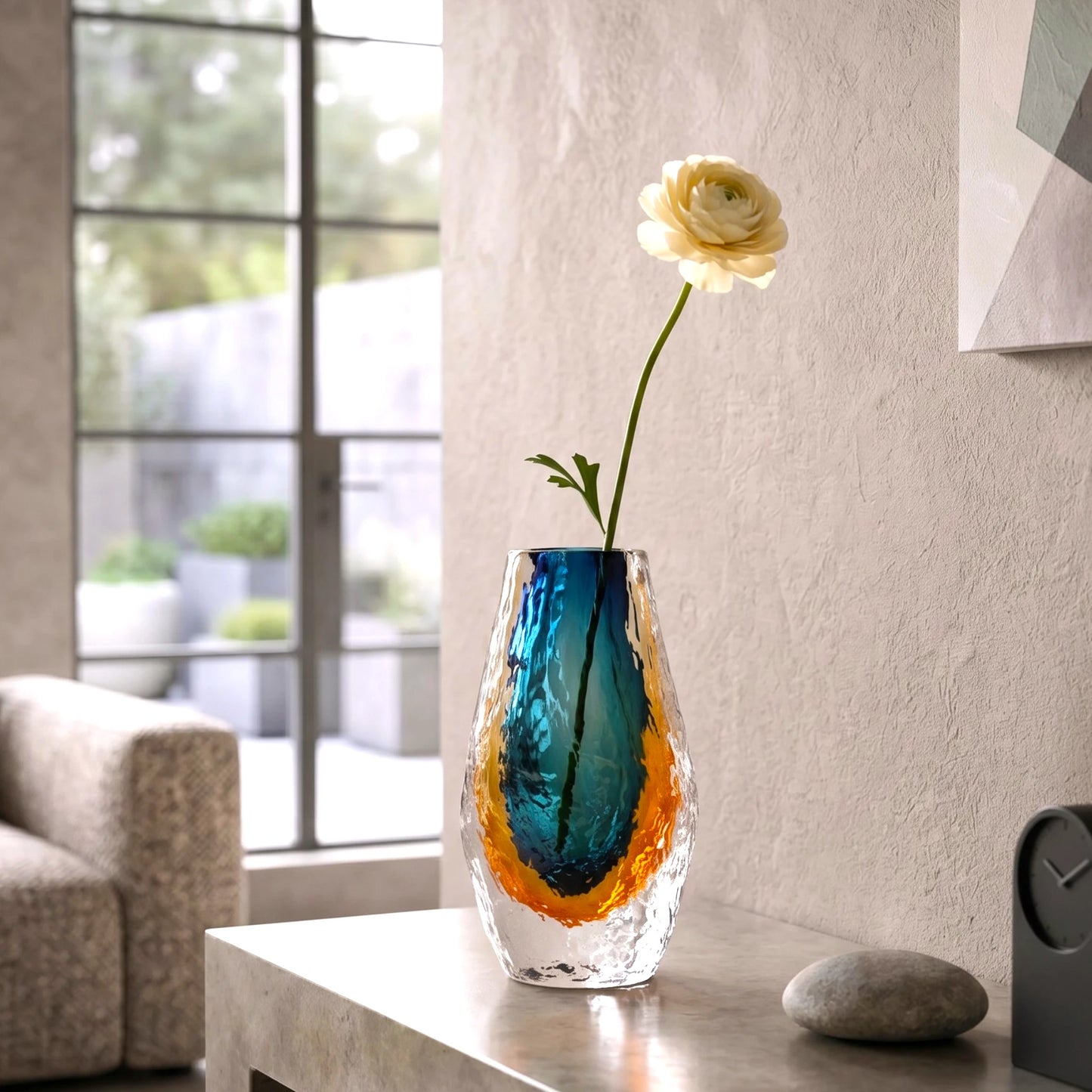 Fusion Core vase, ranunculus, living room