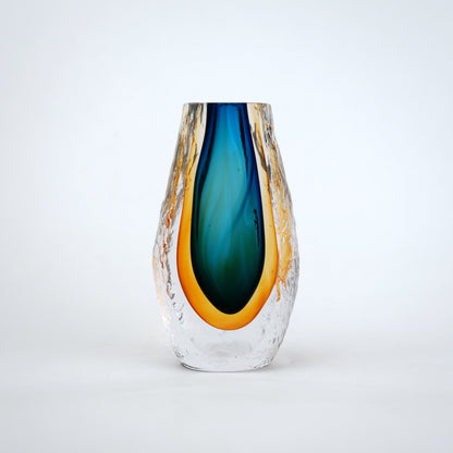 Aqua teal and amber core glass vase with textured clear exterior in two sizes