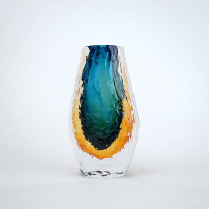 Aqua teal and amber core glass vase with textured clear exterior in two sizes