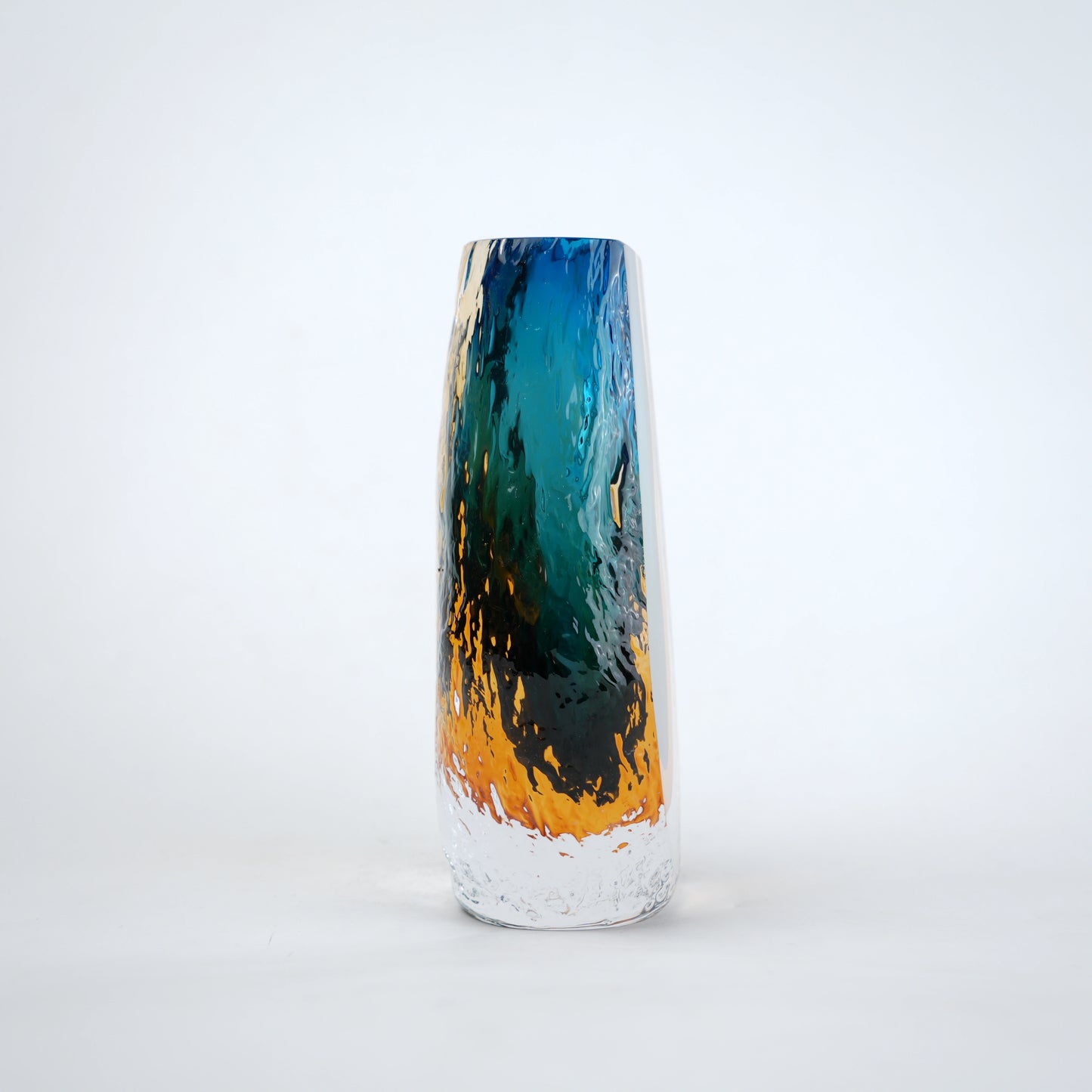 Aqua teal and amber core glass vase with textured clear exterior in two sizes