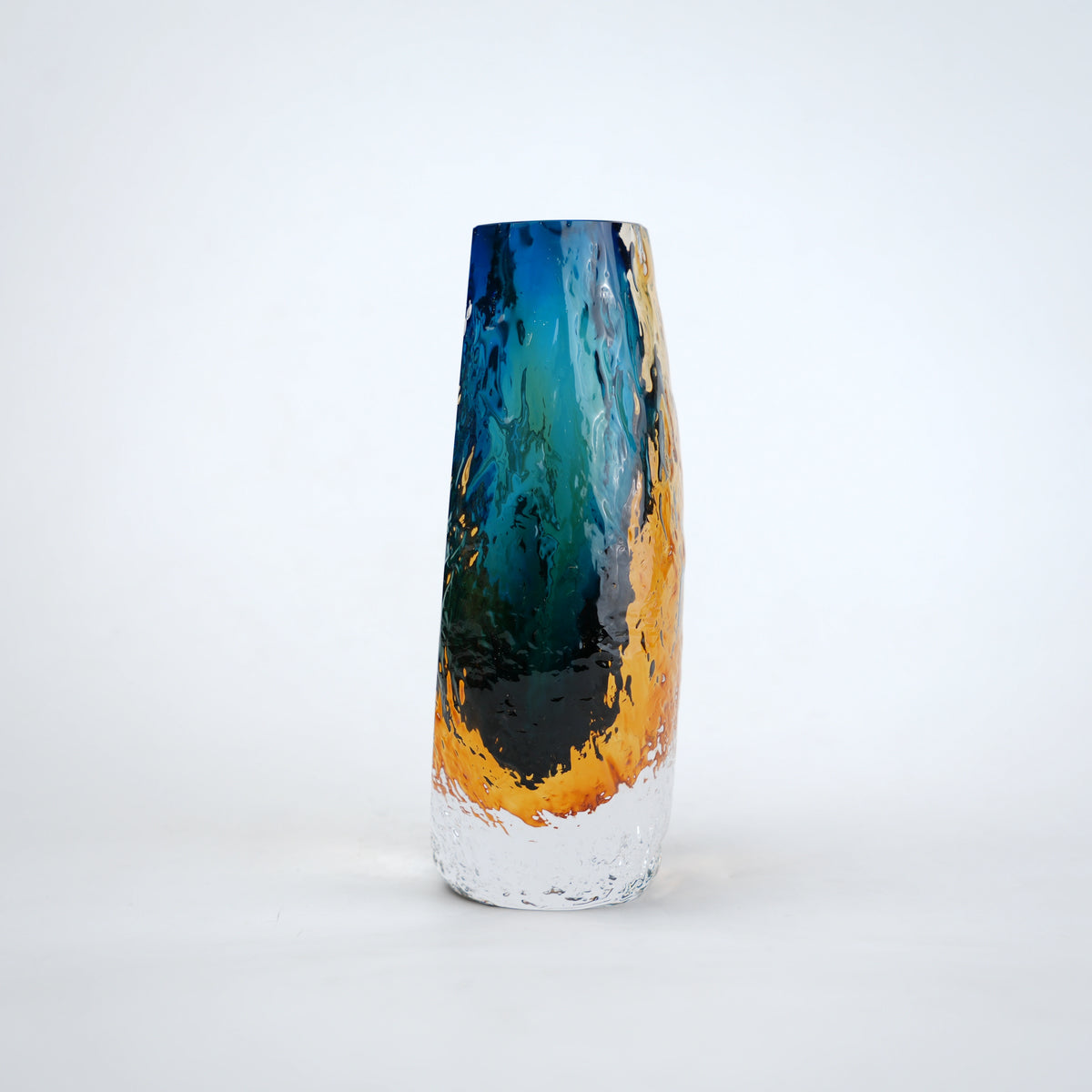 Aqua teal and amber core glass vase with textured clear exterior in two sizes