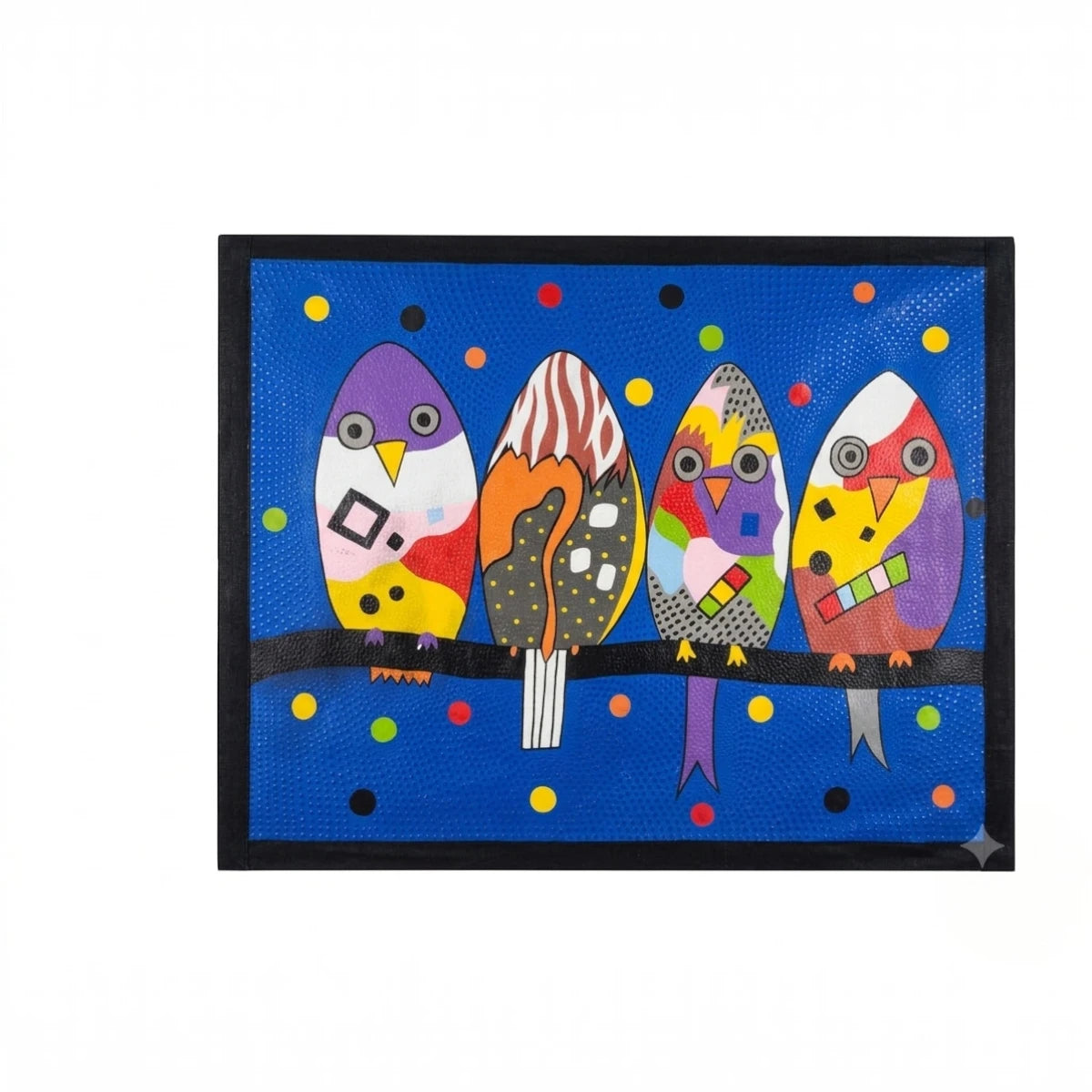 Colourful abstract bird canvas painting featuring four playful contemporary birds with vibrant geometric patterns, modern wall art for living rooms, bedrooms, offices and designer interiors.