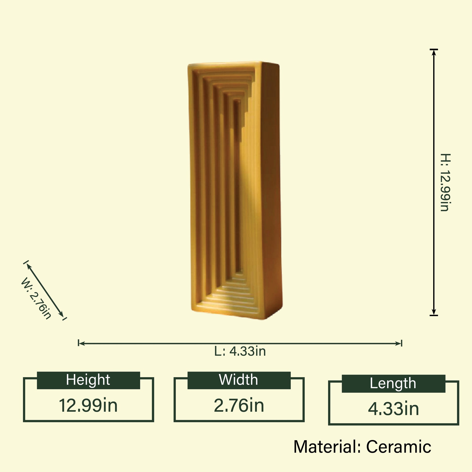 Linear Frame mustard column vase w/ dimensions