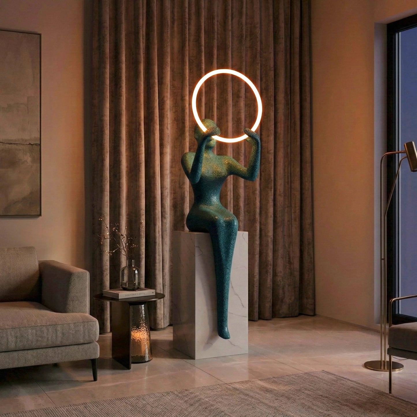 Modern abstract halo figure floor lamp with integrated LED ring light and artistic human form design for luxury contemporary home decor interiors