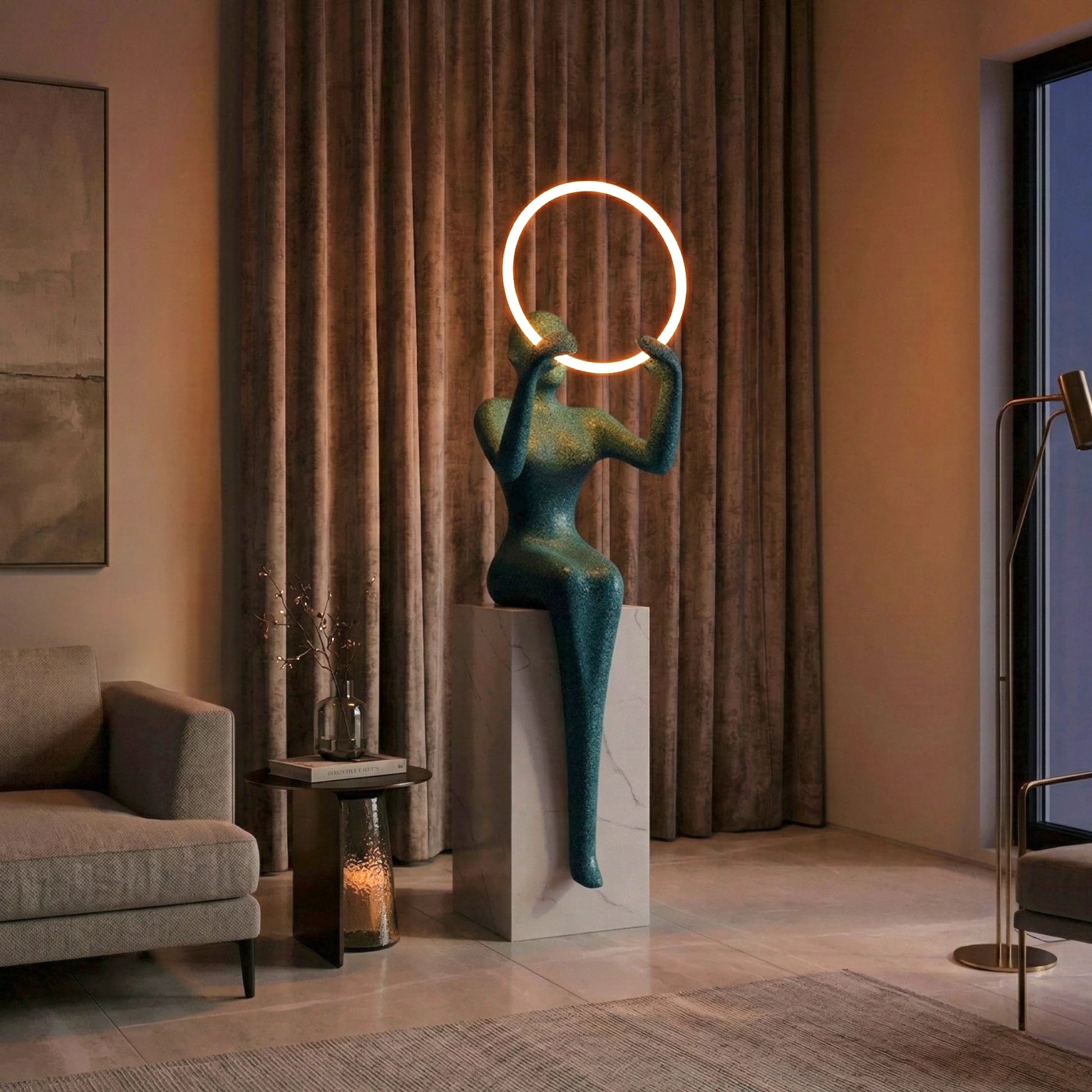 Modern abstract halo figure floor lamp with integrated LED ring light and artistic human form design for luxury contemporary home decor interiors