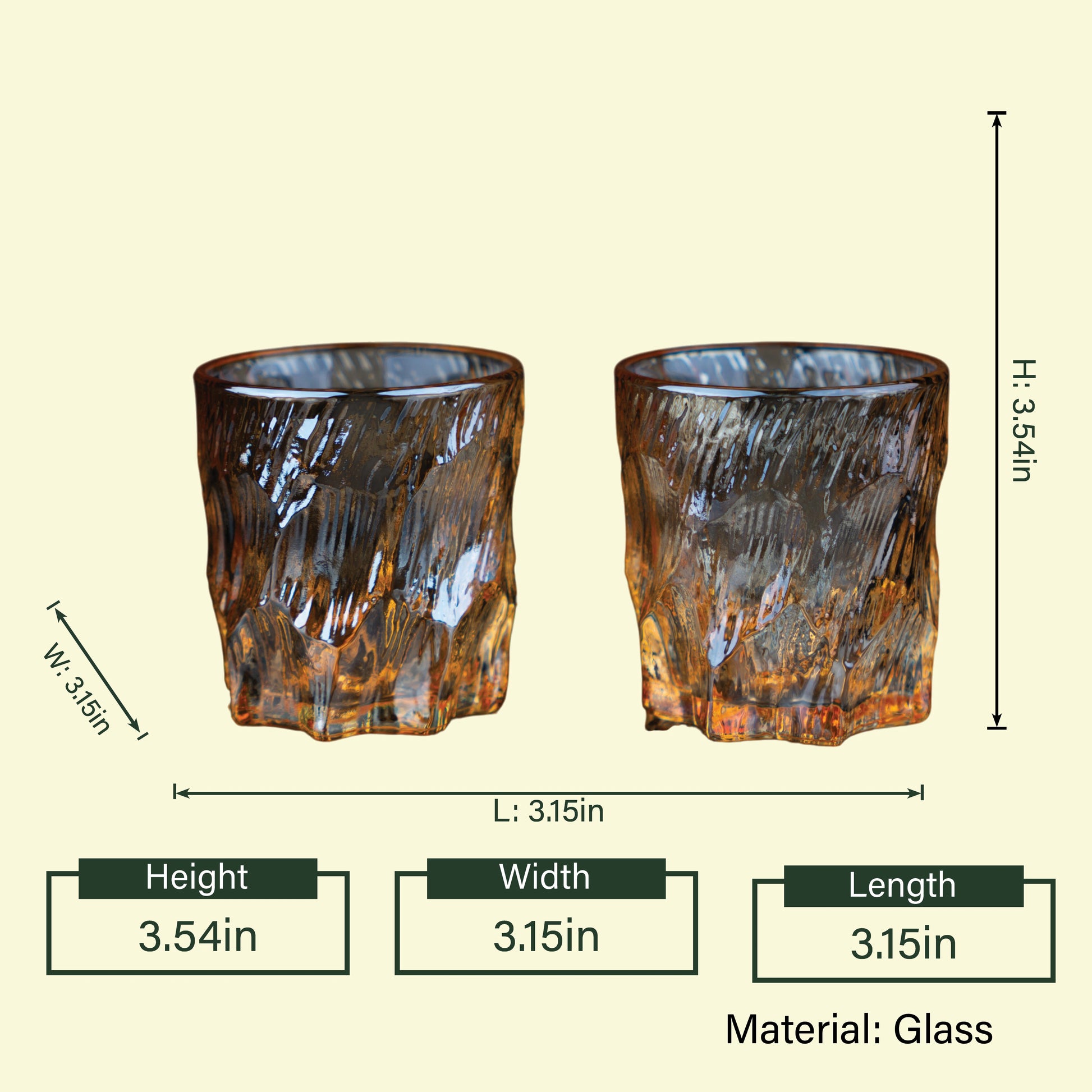 Amber bark whiskey rocks pair, 3.54in spec