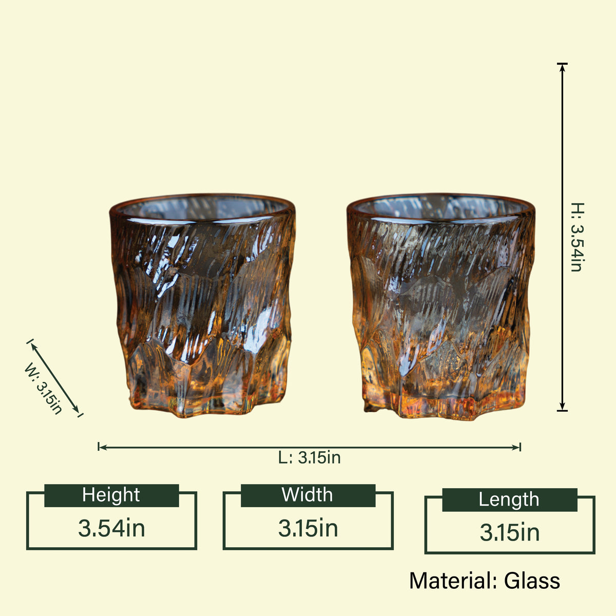 Amber bark whiskey rocks pair, 3.54in spec