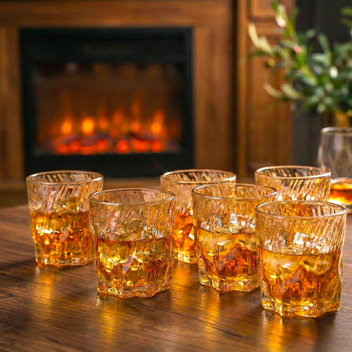 Amber textured whiskey glasses set, modern rocks glass design for scotch and cocktails, heavy base drinkware for home bar and entertaining