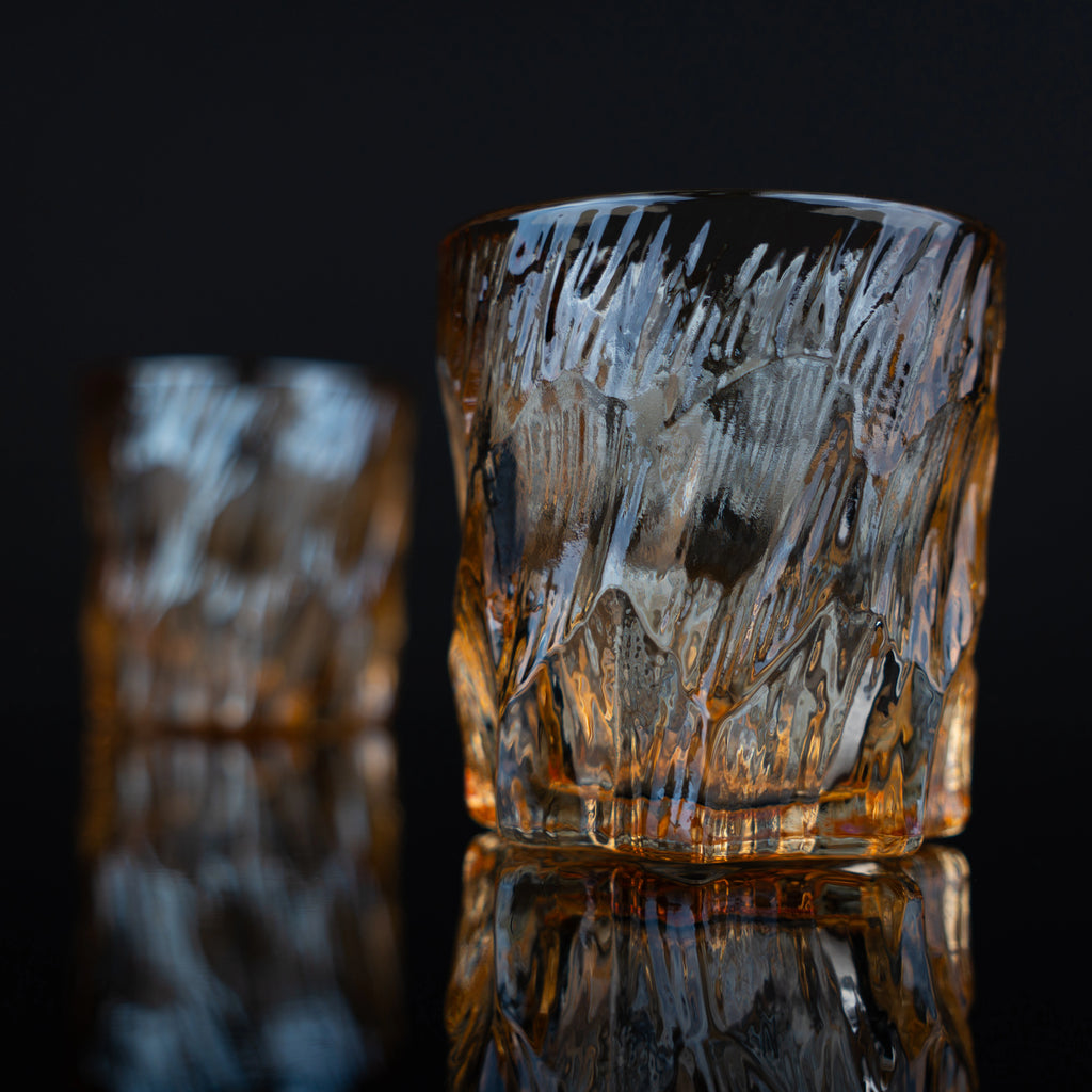 Amber textured whiskey glasses set, modern rocks glass design for scotch and cocktails, heavy base drinkware for home bar and entertaining