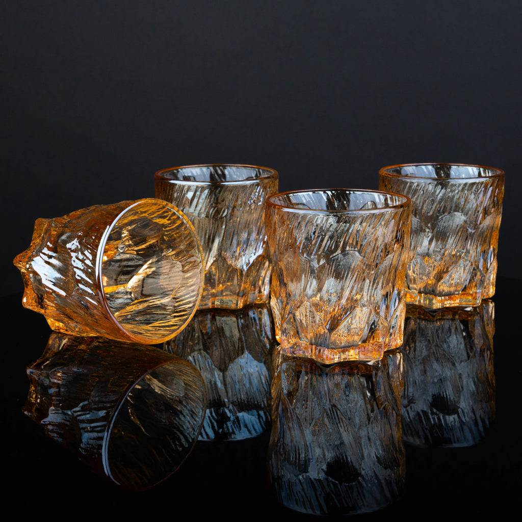 Amber textured whiskey glasses set, modern rocks glass design for scotch and cocktails, heavy base drinkware for home bar and entertaining
