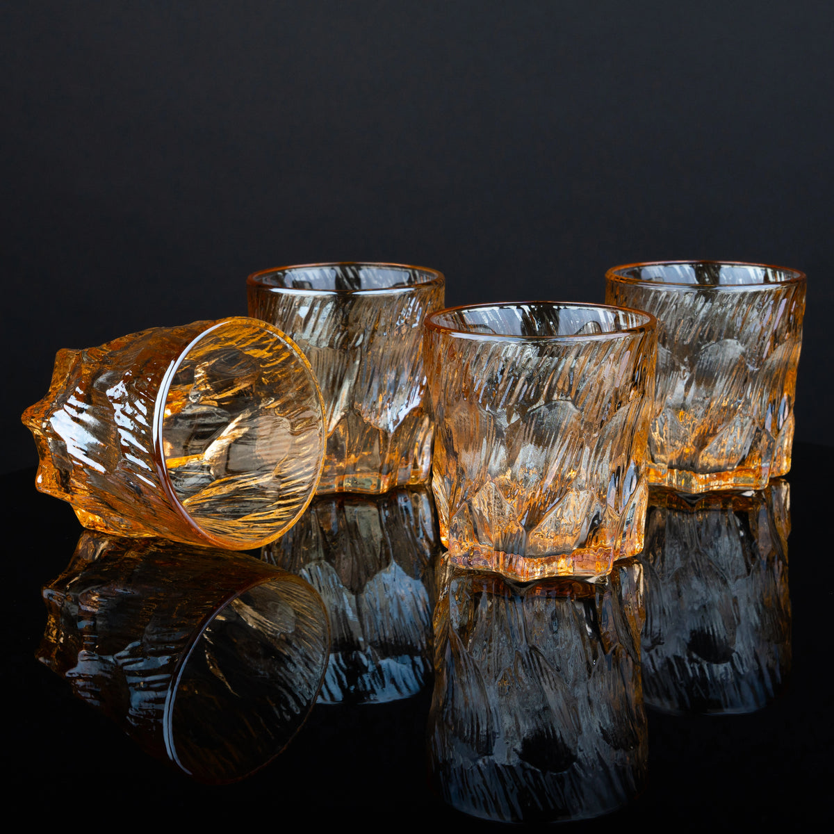 Amber textured whiskey glasses set, modern rocks glass design for scotch and cocktails, heavy base drinkware for home bar and entertaining