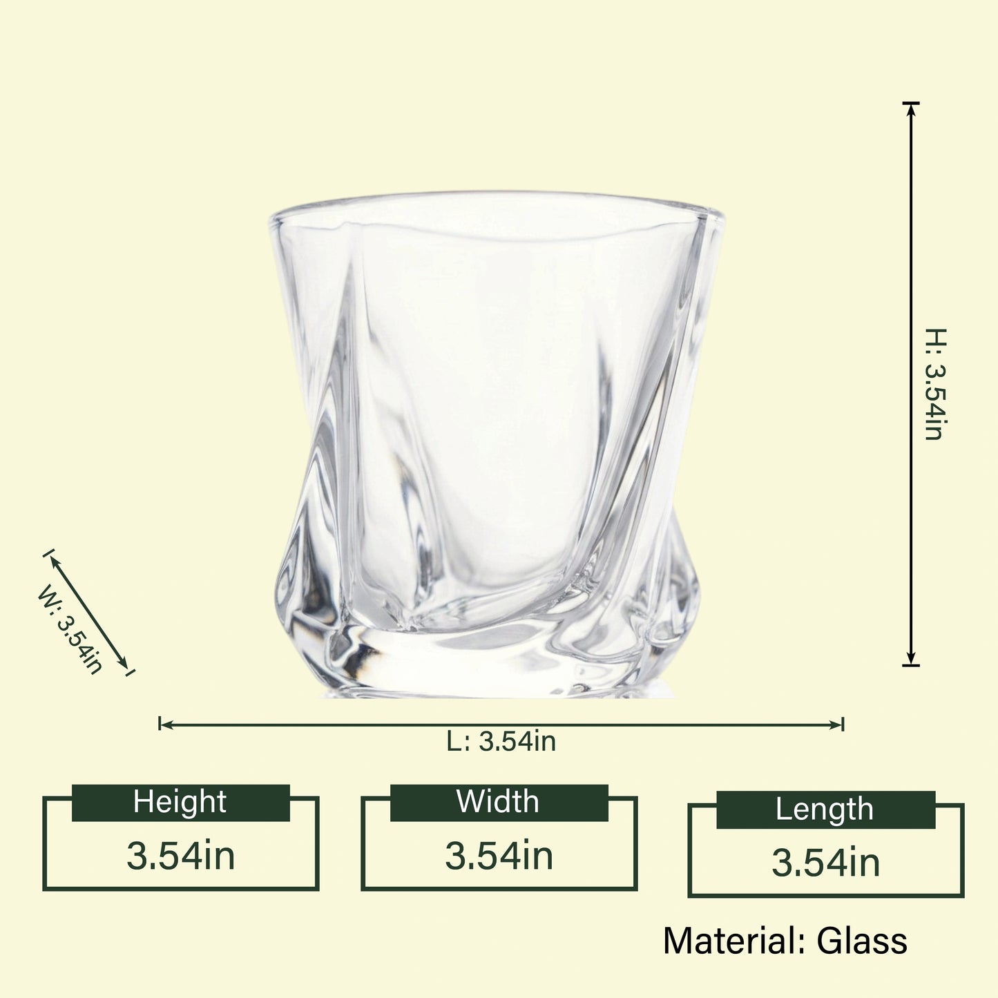 Twisted swirl whiskey tumbler, 3.54in spec
