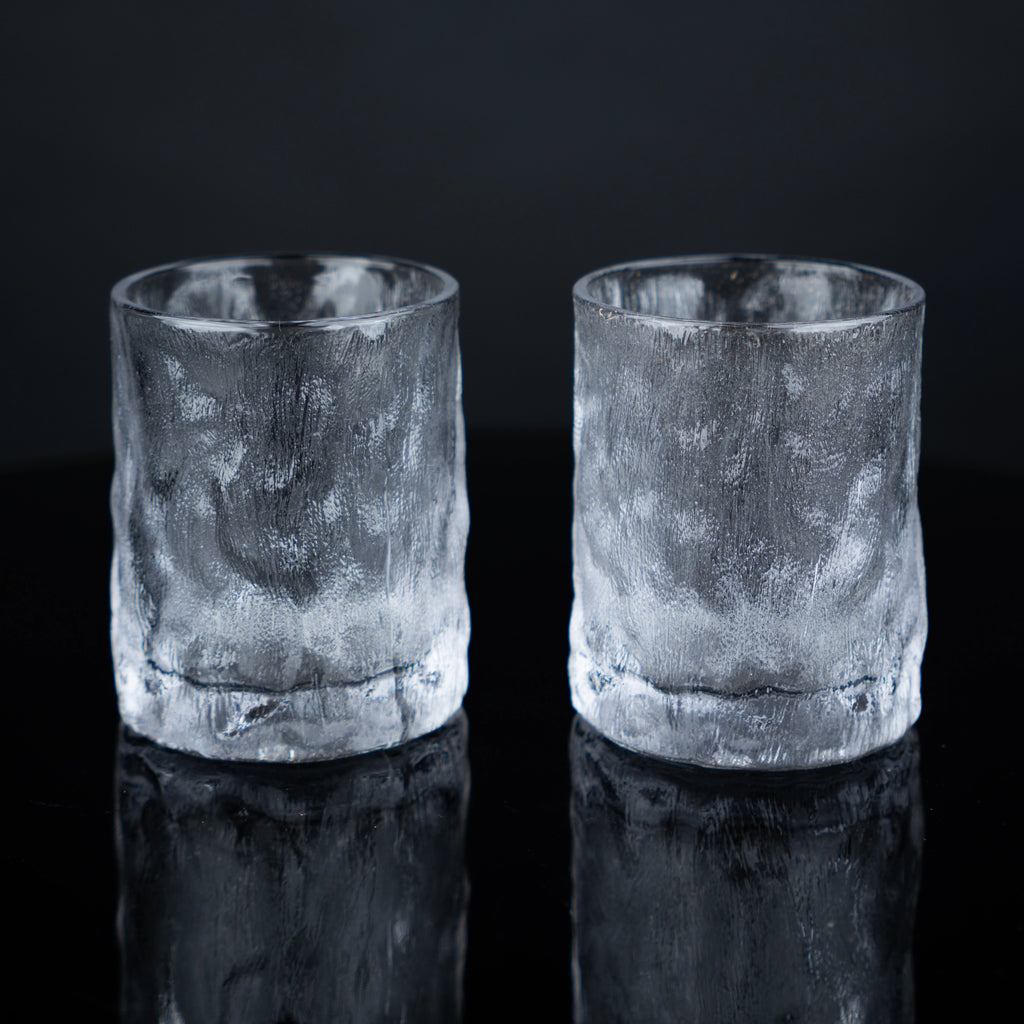 Ice-textured whiskey pair, frosted, front shot