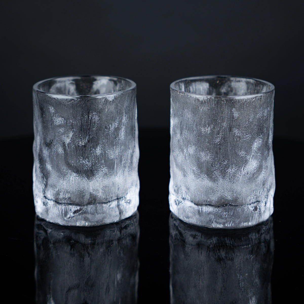 Ice-textured whiskey pair, frosted, front shot