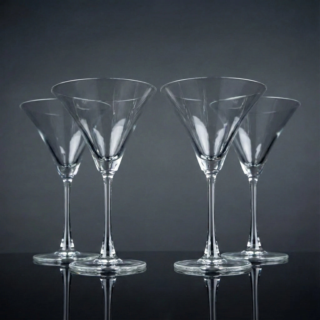 Modern martini glass collection with crystal-clear stemware and olive garnishes for elegant home entertaining arrangements