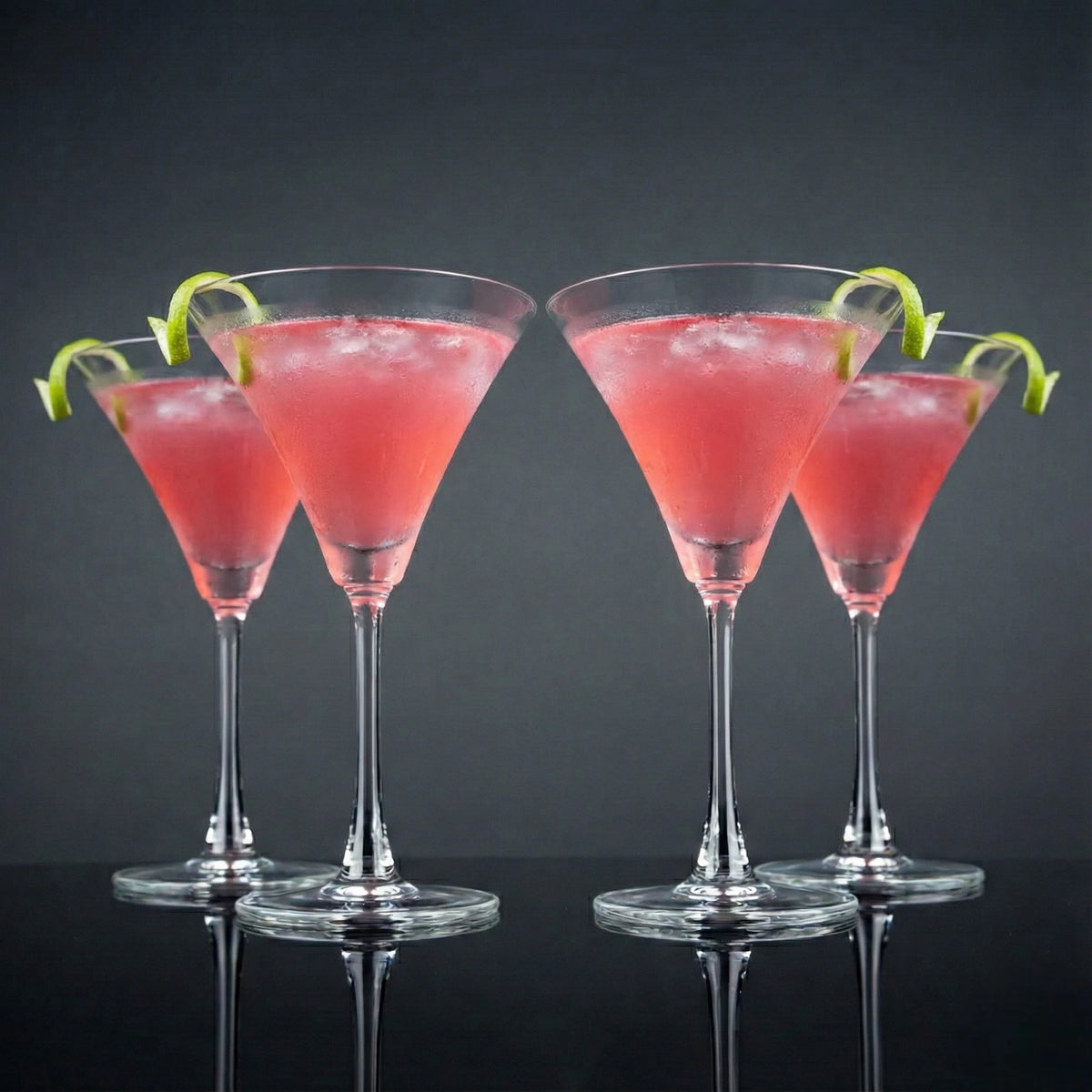 Contemporary martini cocktail glasses arranged on a premium wooden tray in a sophisticated luxury living room entertaining setup