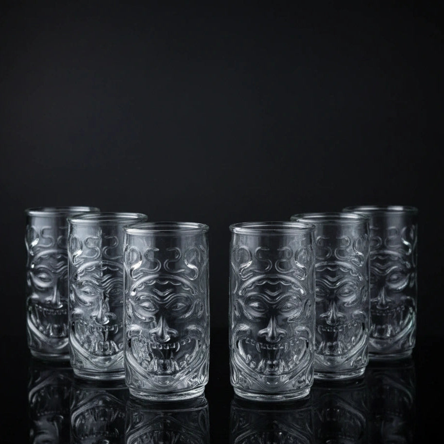 Carved Tiki Highball Glasses - Set of 6