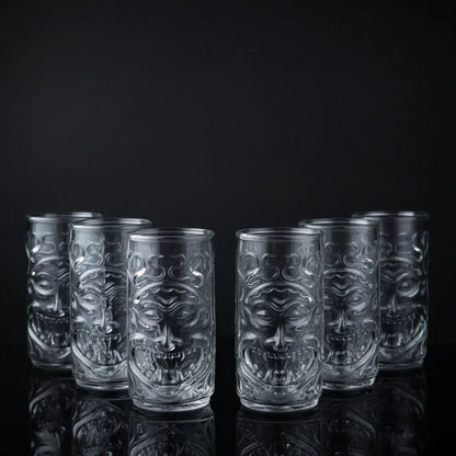 Carved Tiki Highball Glasses - Set of 6