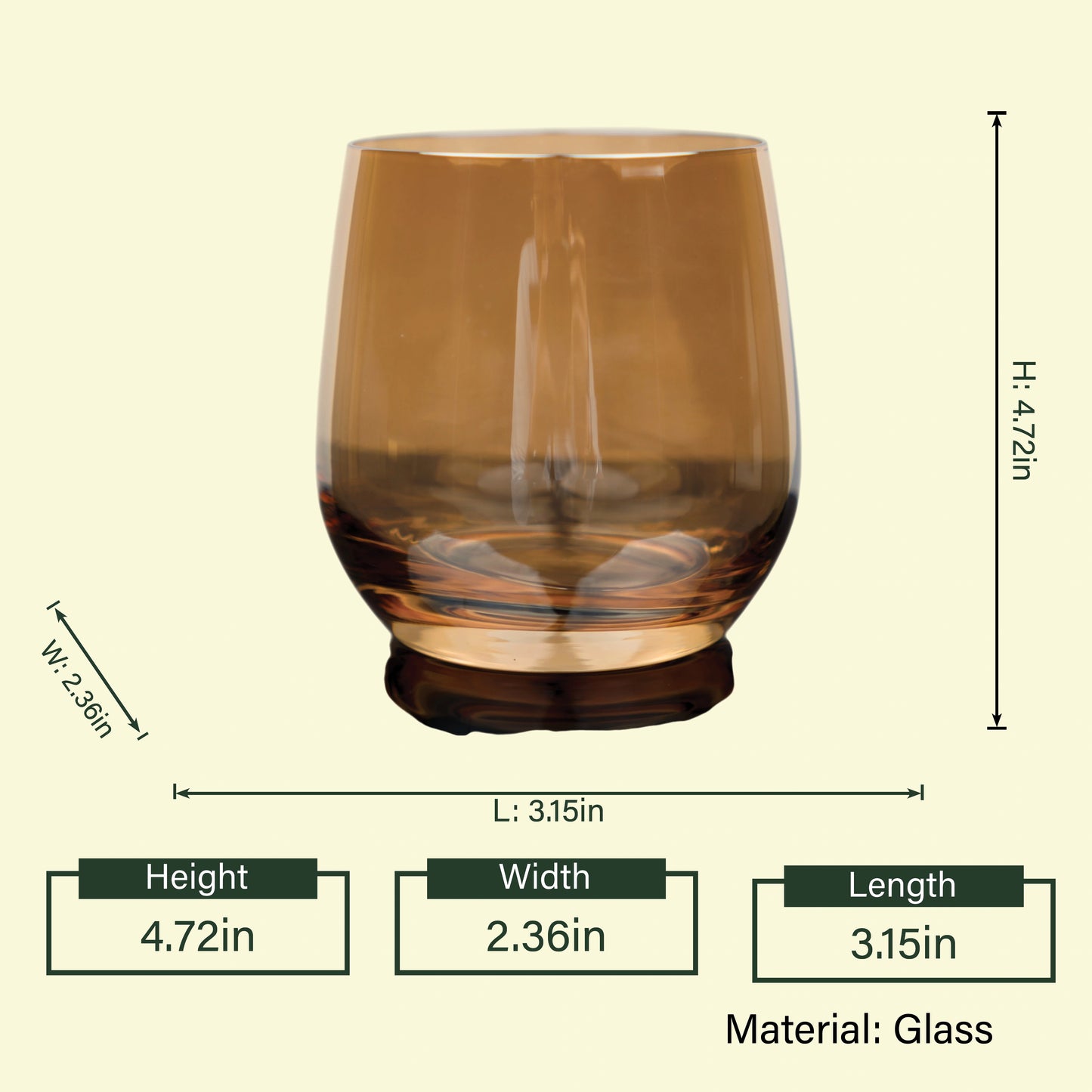 Stemless amber tumbler 4.72in spec diagram