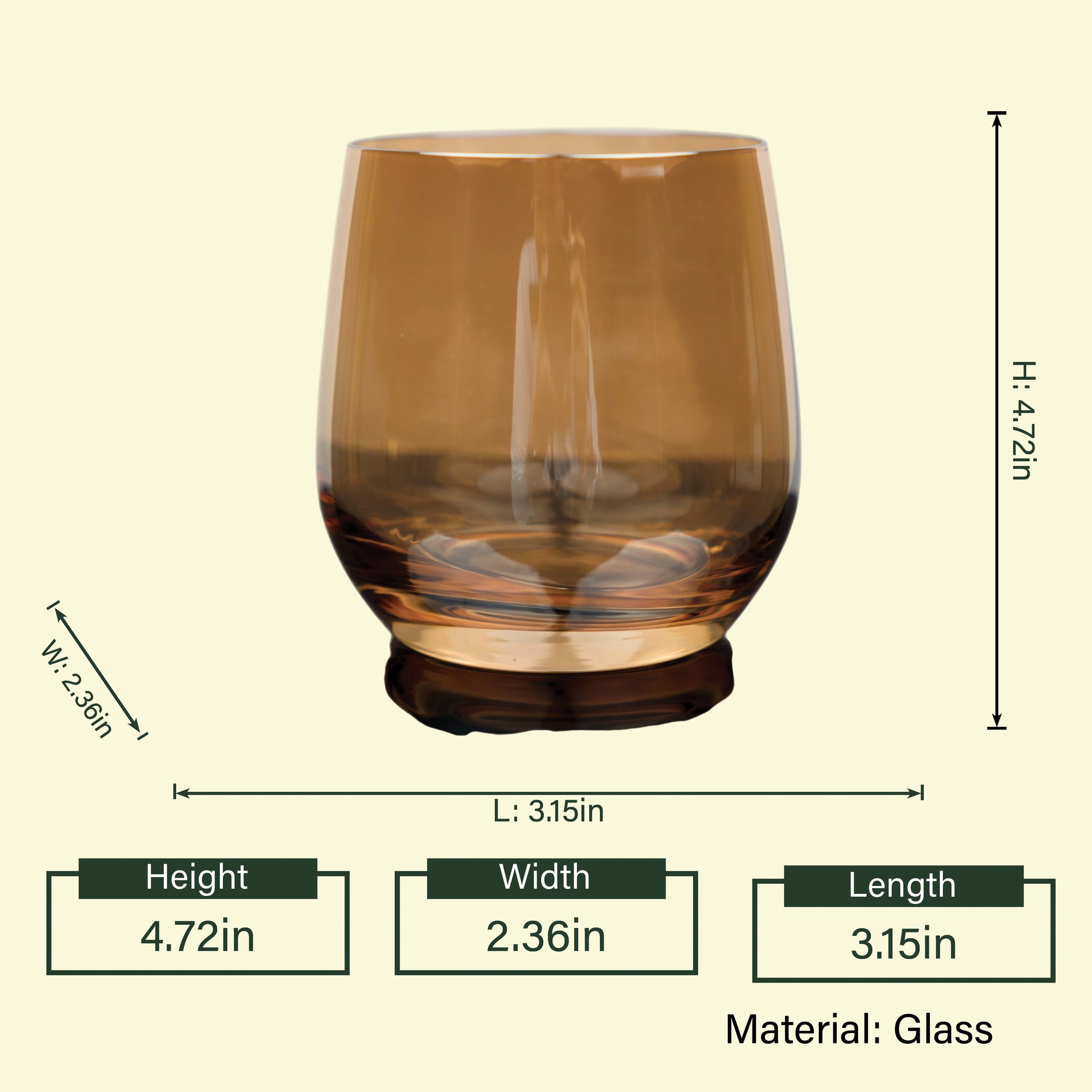 Stemless amber tumbler 4.72in spec diagram