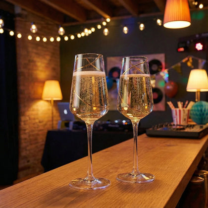 Luxury champagne flute glasses with elegant gold swirl detailing filled with sparkling wine on a wooden bar counter