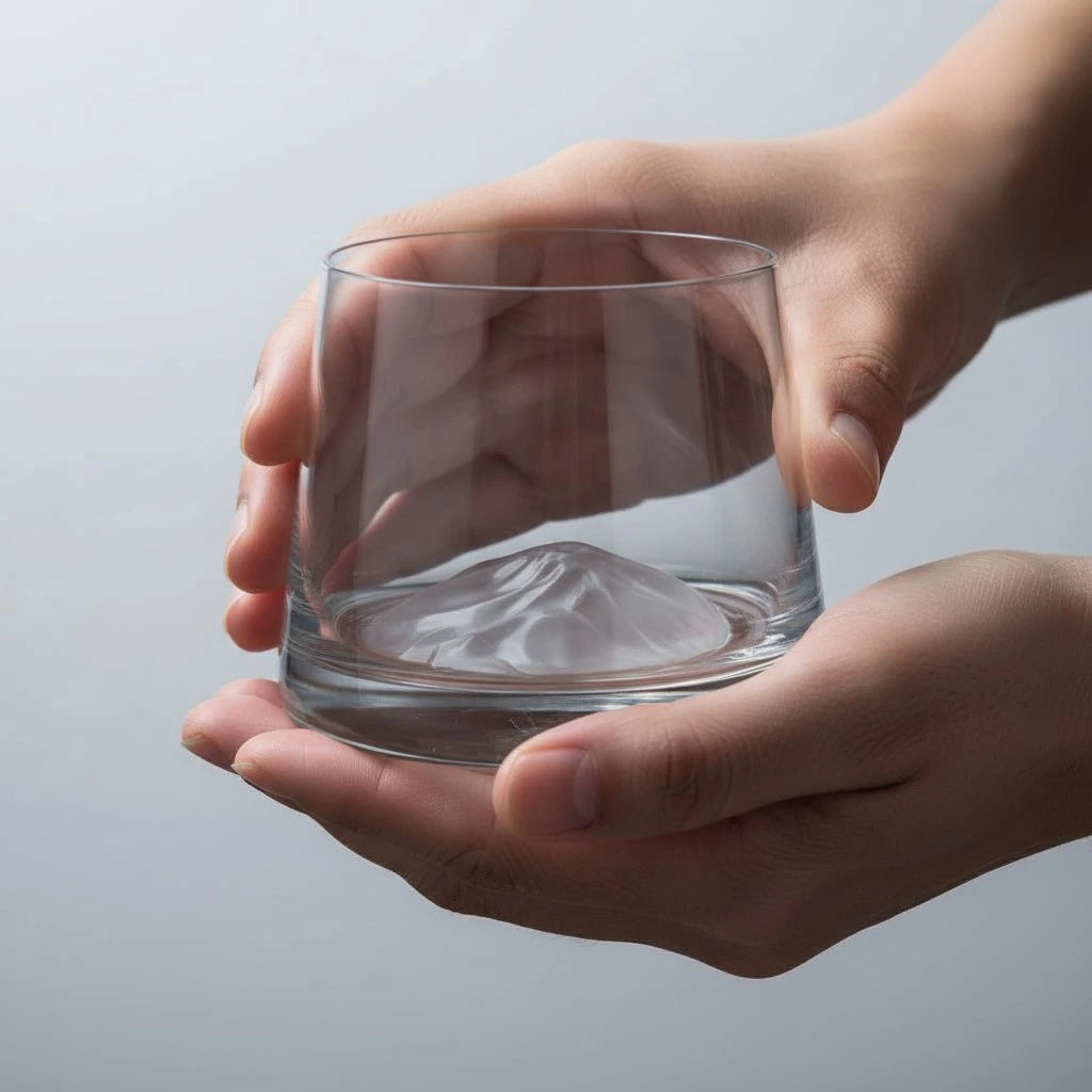 Clear glass with mountain design held between two hands against a light gray background