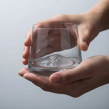 Clear glass with mountain design held between two hands against a light gray background