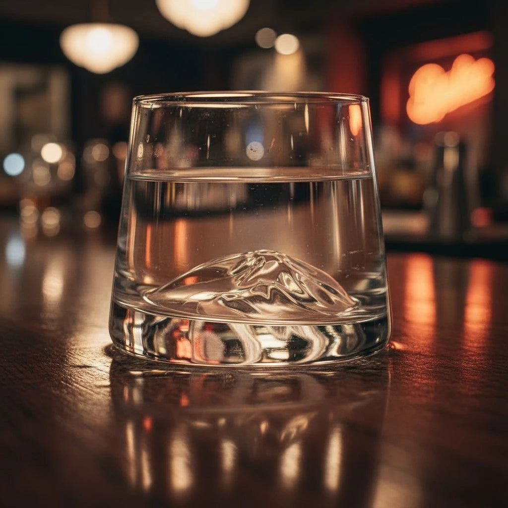 Clear whiskey glass with mountain design 