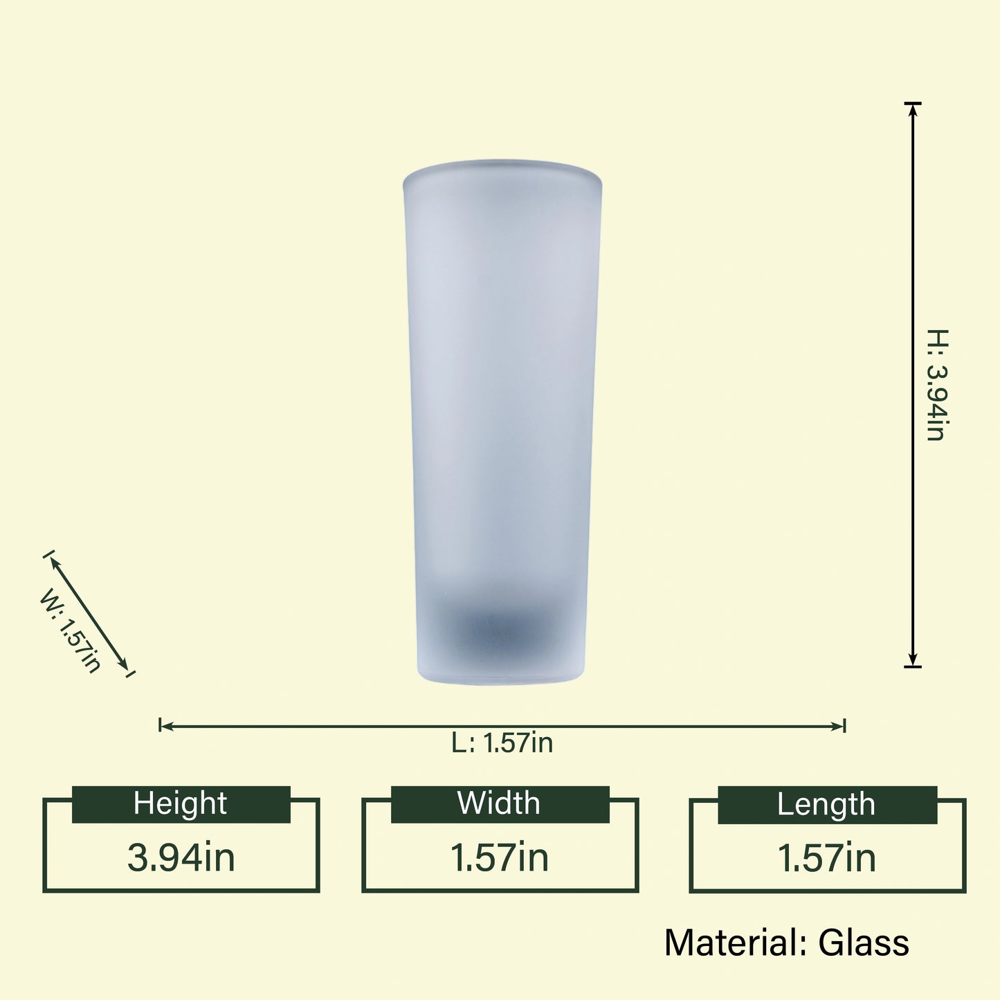 Frosted matte shot glass, 3.94in size chart