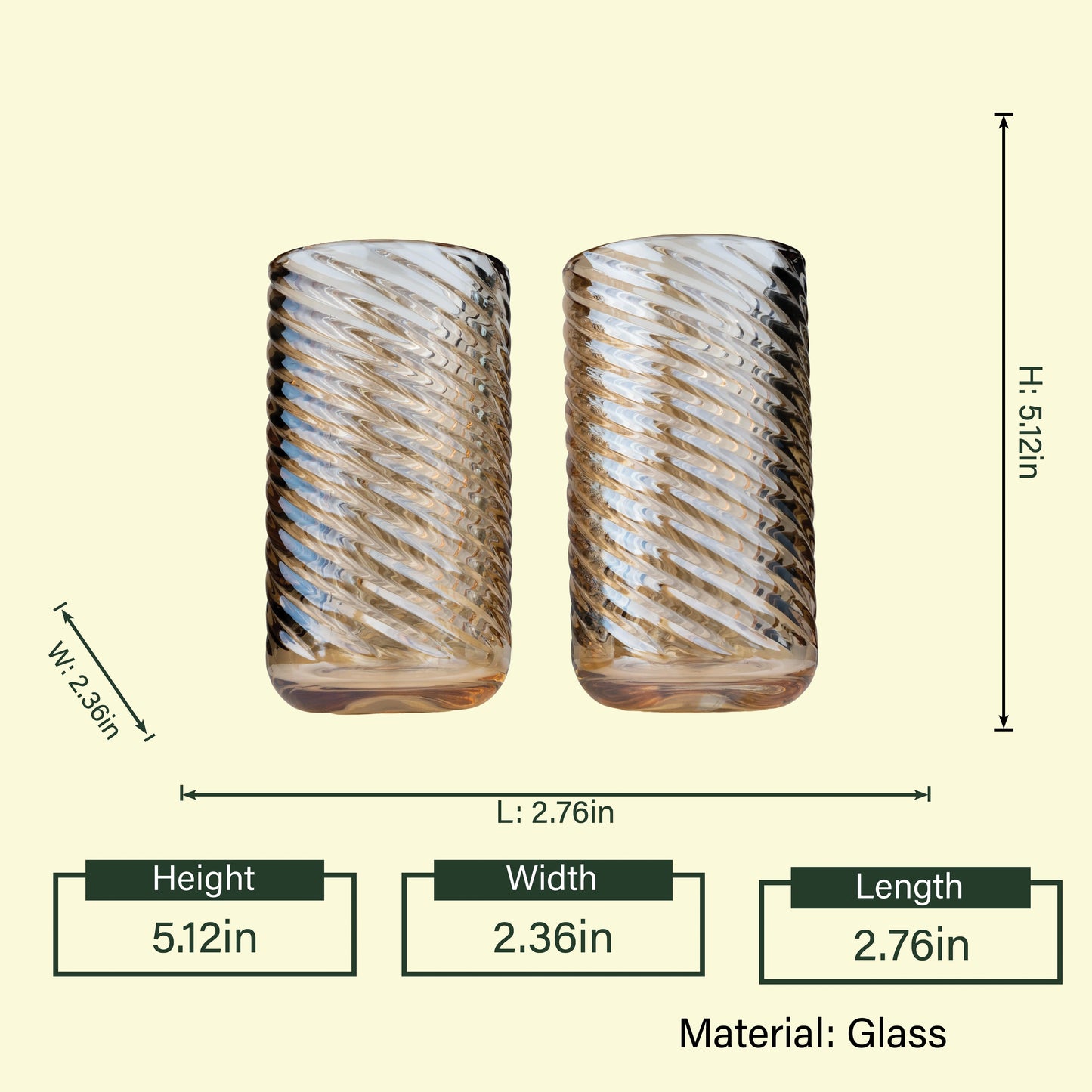 Amber swirl highball pair, 5.12in size diagram