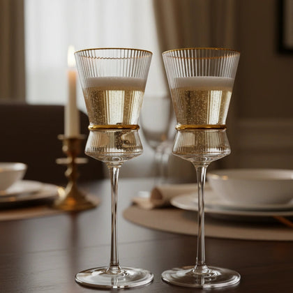 Two elegant cocktail glasses with a drink on a blurred dinner table setting.