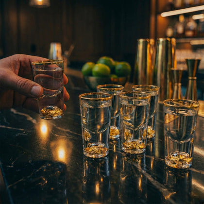 Premium clear shot glass set with decorative gold accents for tequila and vodka serving