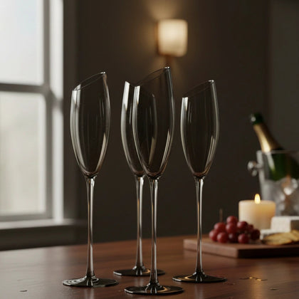 set of sleek champagne flute glasses with tinted finish, modern barware for home entertaining, luxury dining table styling and celebration setup