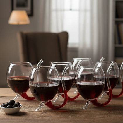 Diamond rocks tumblers, red wine, wood table
