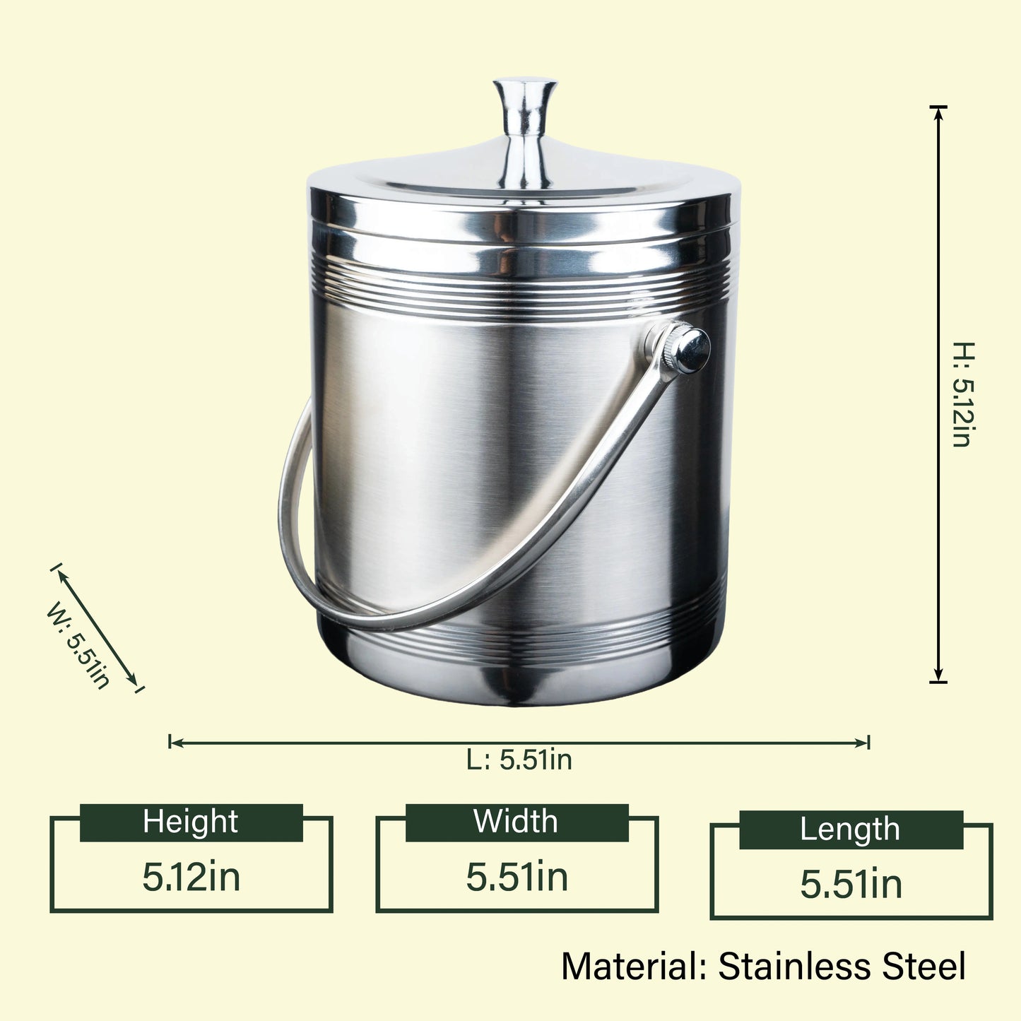 Stainless steel ice bucket with dimensions and material information on a beige background