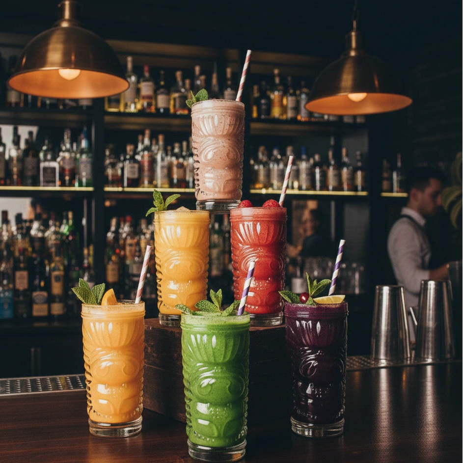 Colorful cocktails on a bar with bottles in the background