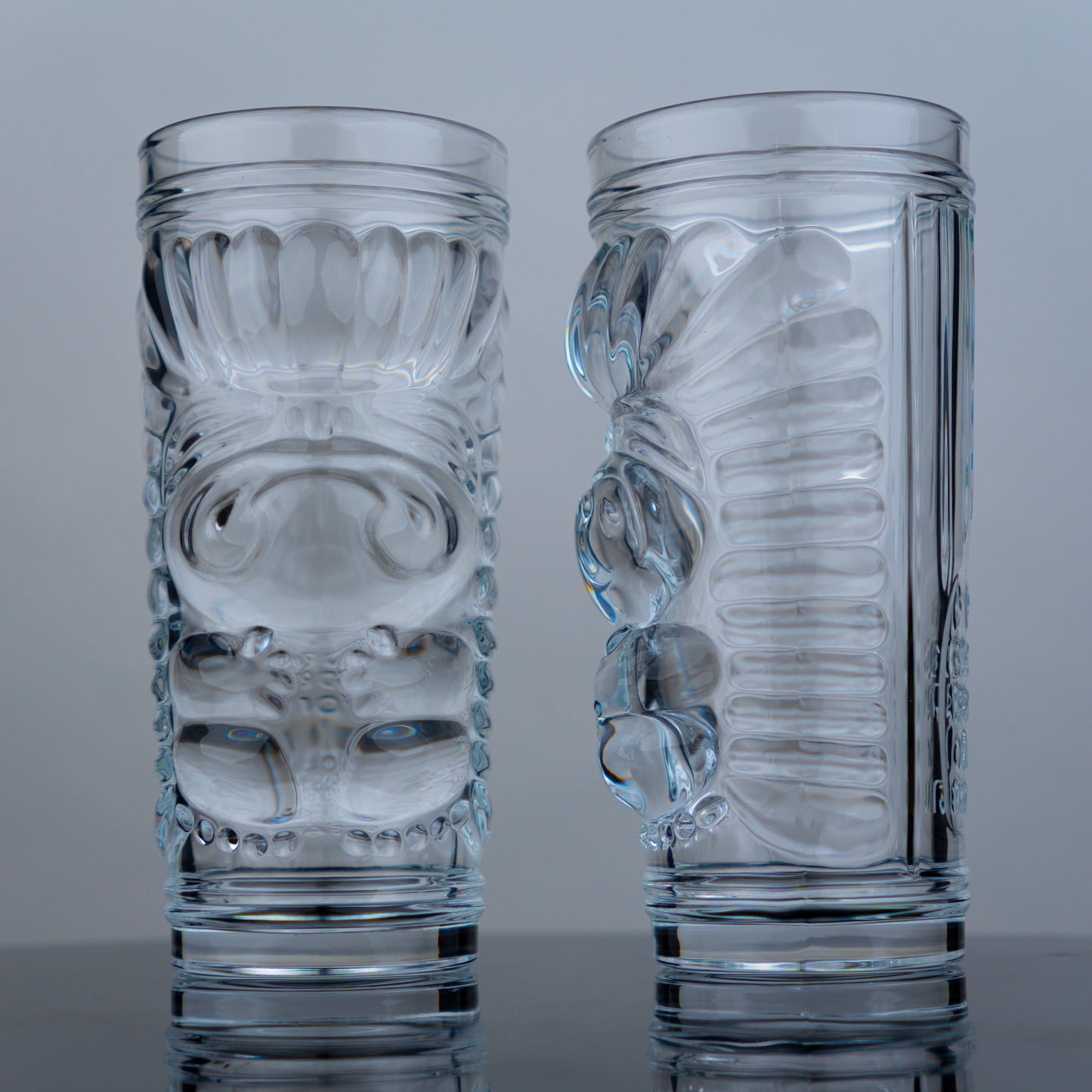 Clear Sculptural Tiki Glasses - Set of 6