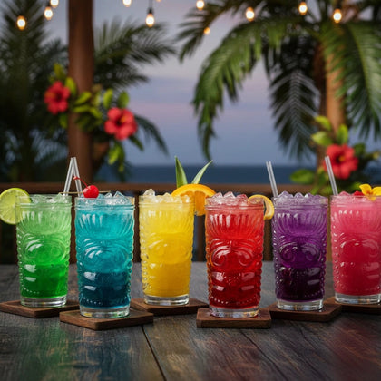 Colorful cocktails in glass tumblers on a wooden table with a tropical setting.