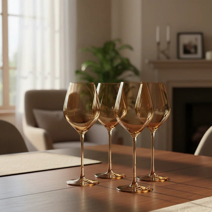 Contemporary crystal wine glasses featuring warm tinted finish and slender stems for modern dining room and hosting aesthetics