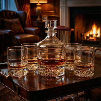 Luxury whiskey decanter set with gold detailing and matching crystal-style tumblers displayed on a black marble surface