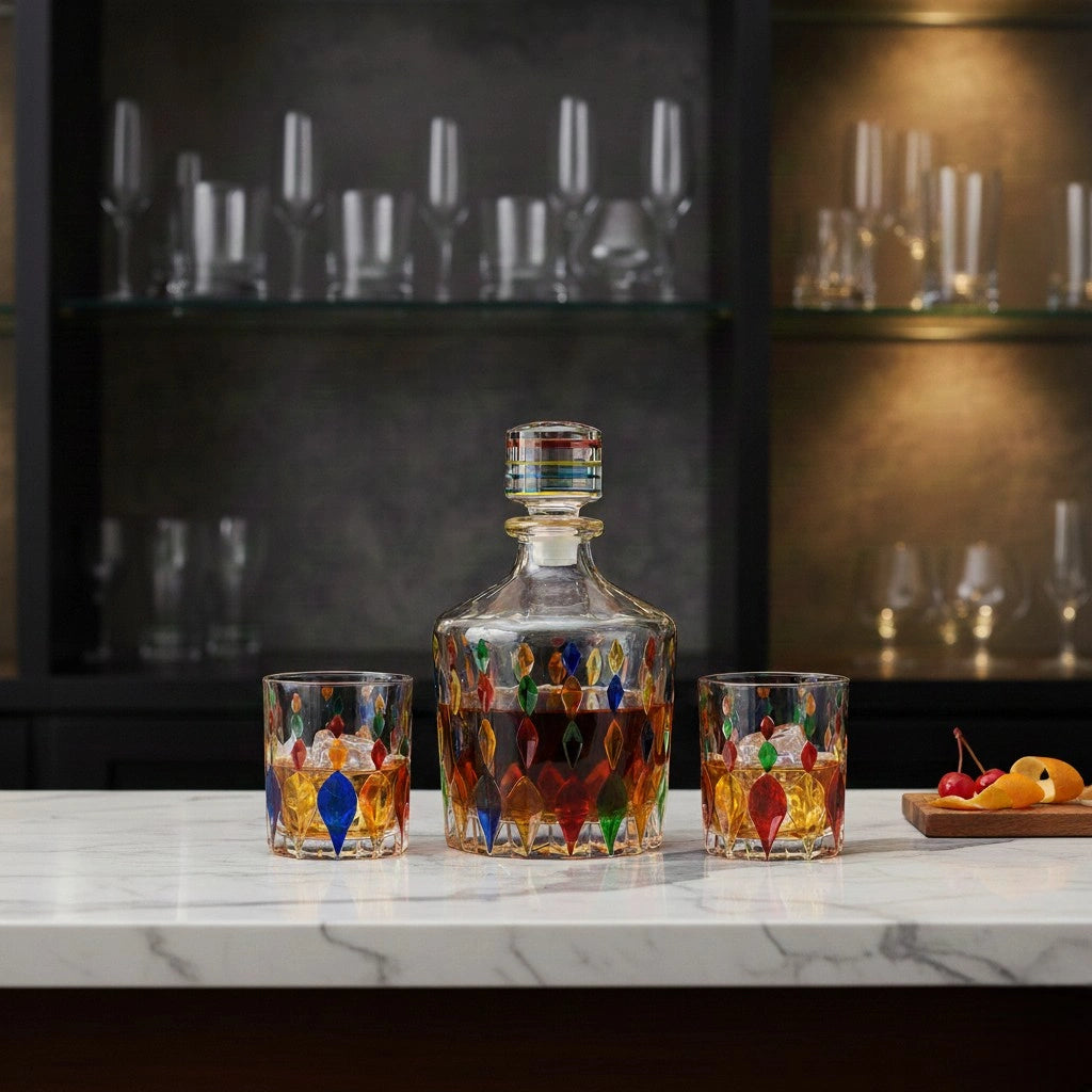 Prism decanter set with multicolor glass finish