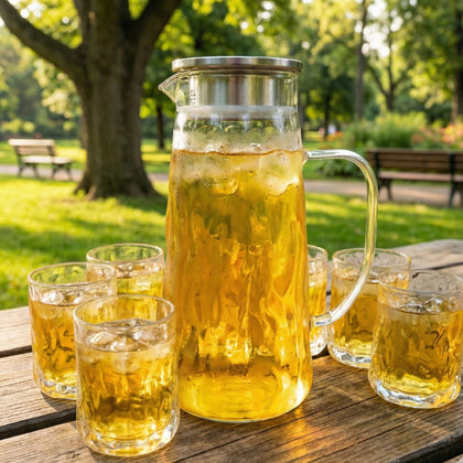 Glass pitcher and glasses filled with iced tea on a wooden table outdoors.