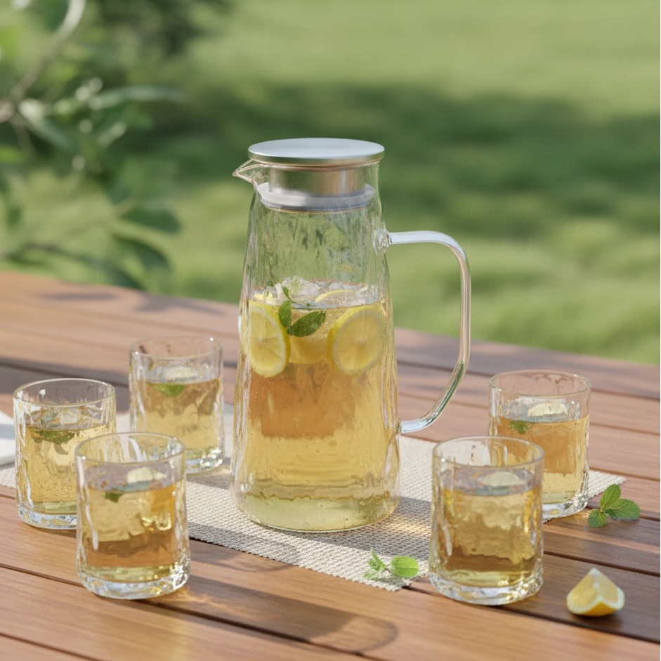 Clear glass pitcher with lemon slices and mint leaves on a wooden table outdoors.