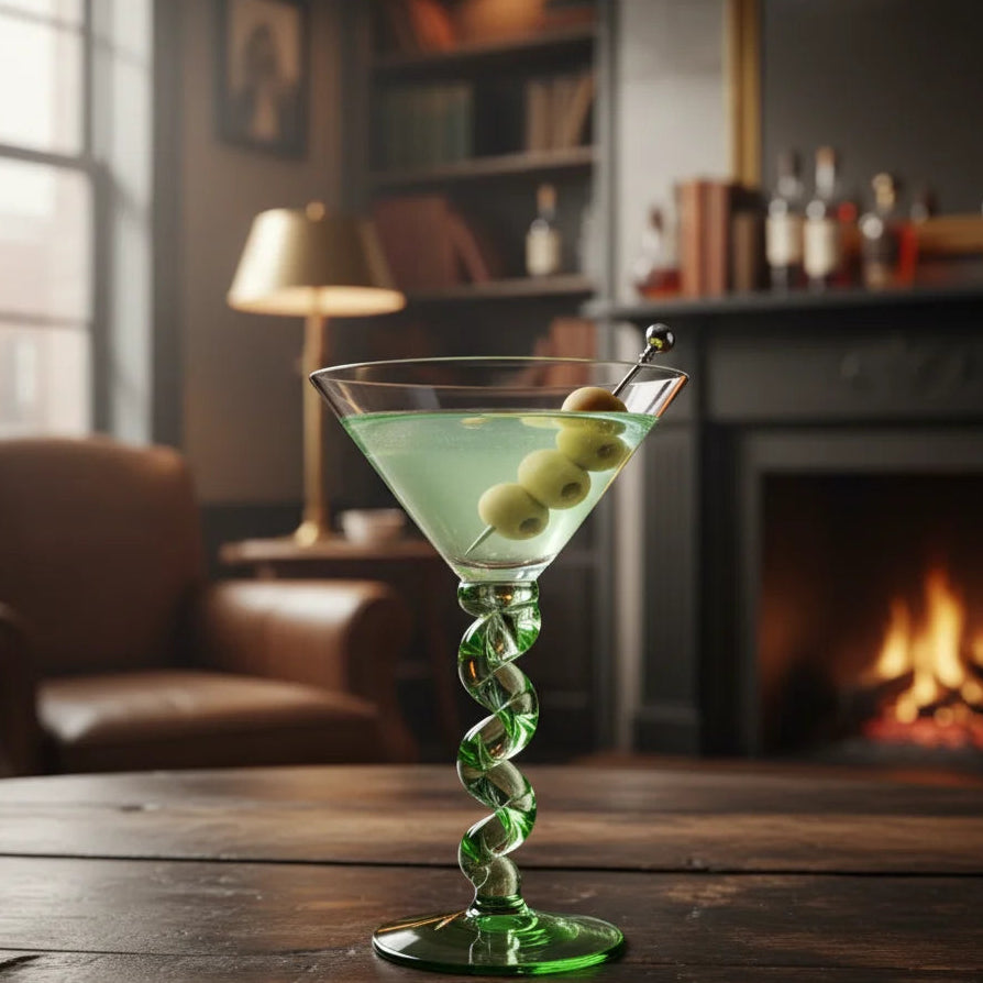Green cocktail with olives in a spiral glass on a wooden table, with a cozy room background