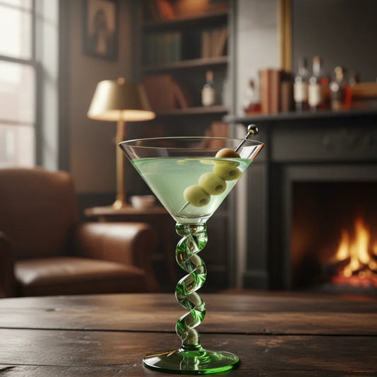 Green cocktail with olives in a spiral glass on a wooden table, with a cozy room background