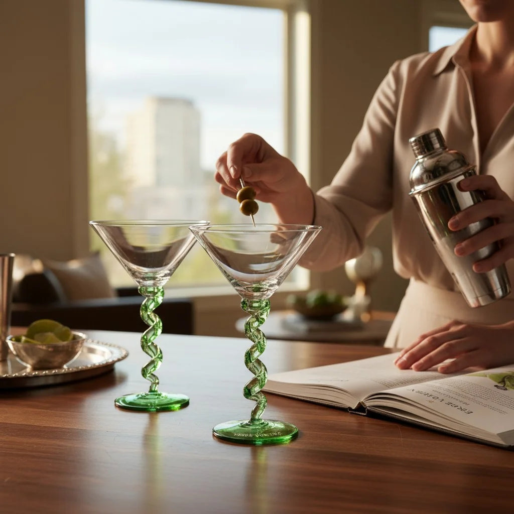 Cocktail with green spiral MARTINI glasses on a table