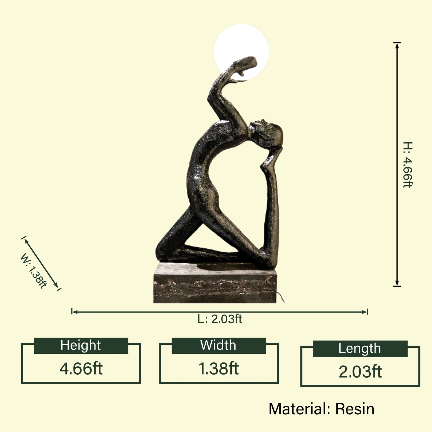 Yoga pose lamp, frosted orb, spec sheet front