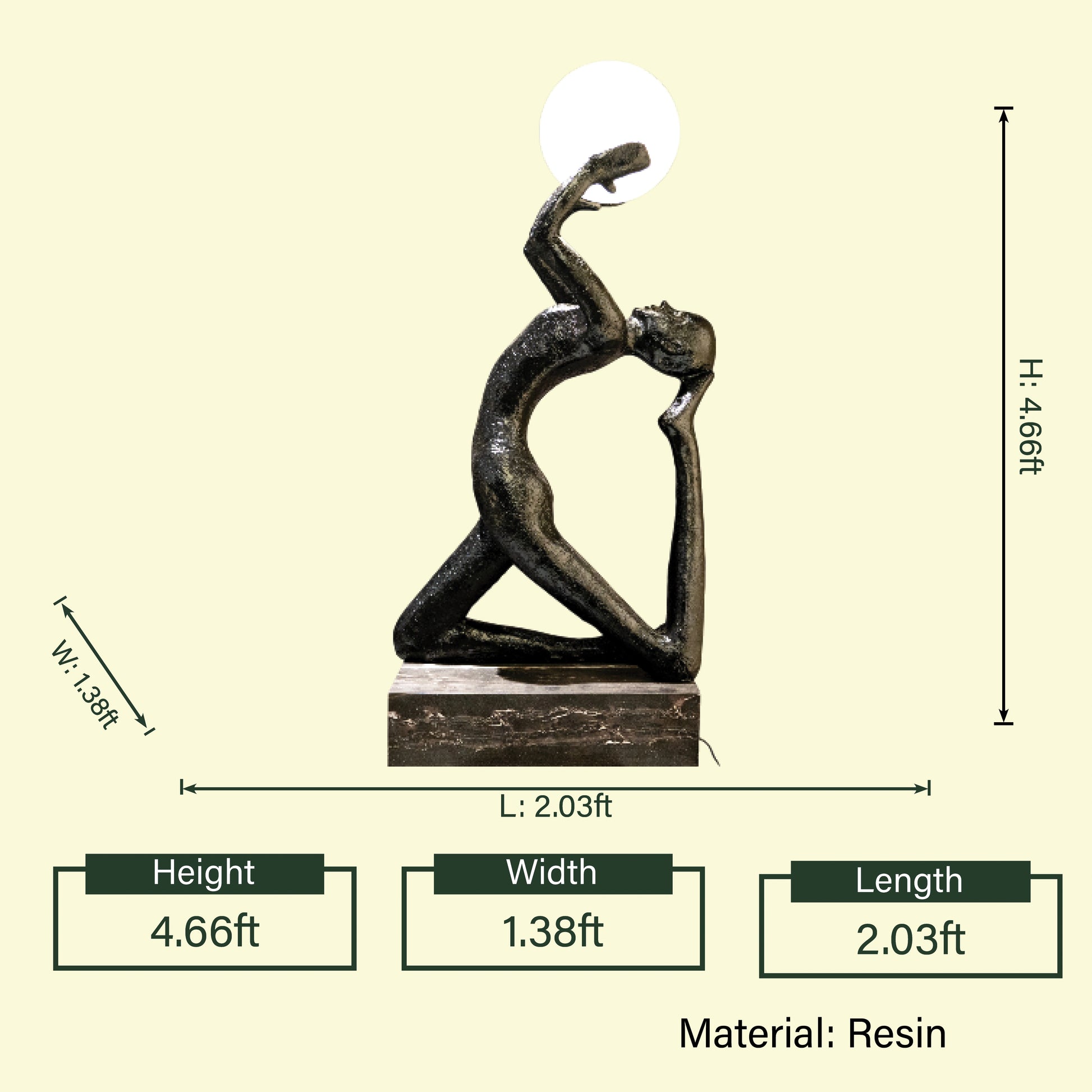 Yoga pose lamp, frosted orb, spec sheet front