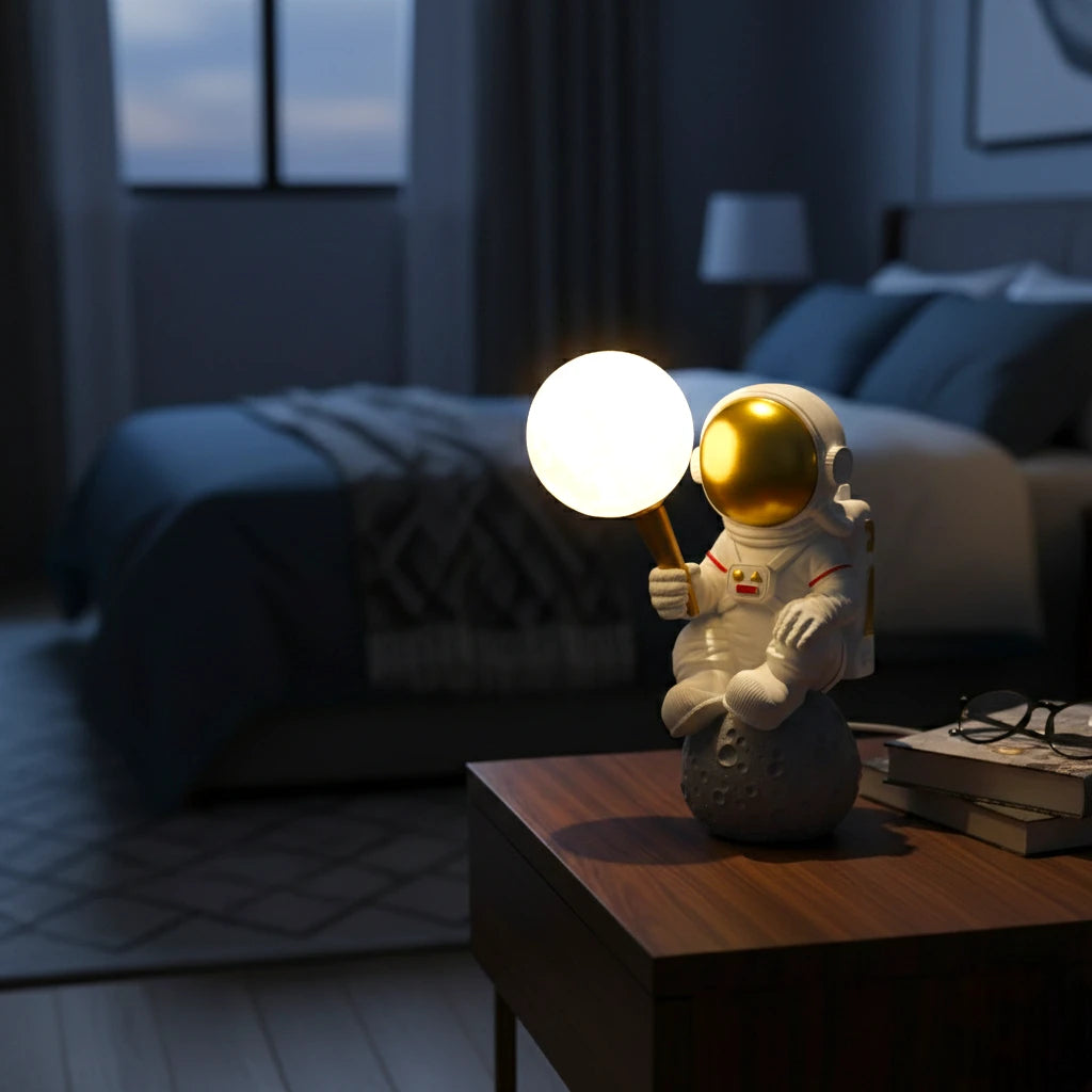 Moon Buddy lamp on nightstand bedroom scene