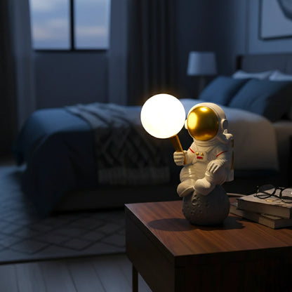 Moon Buddy lamp on nightstand bedroom scene